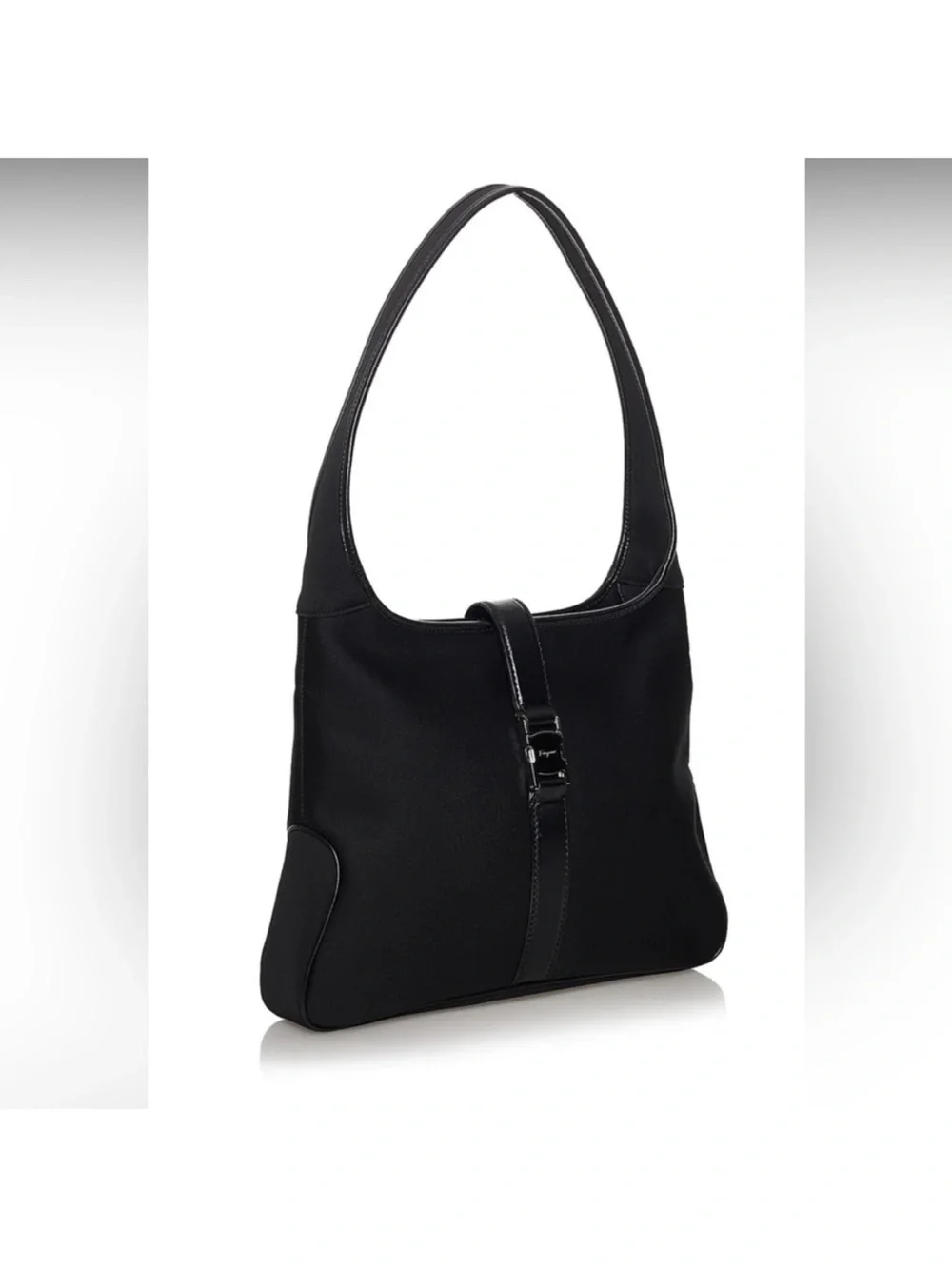Salvatore Ferragamo Black Nylon Gancini Shoulder Bag Leather Trim Italy